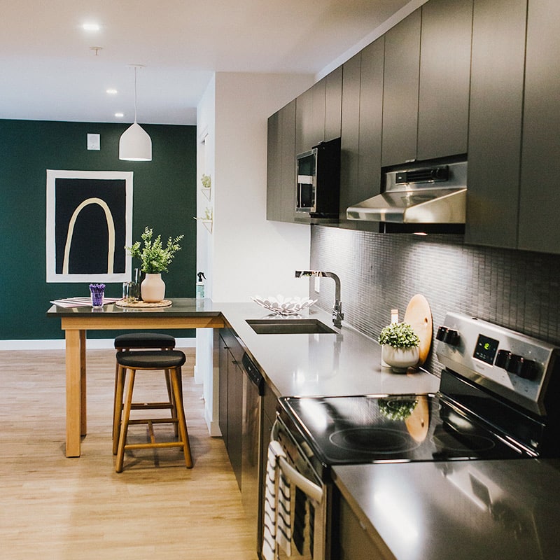 A view of a modern kitchen suite